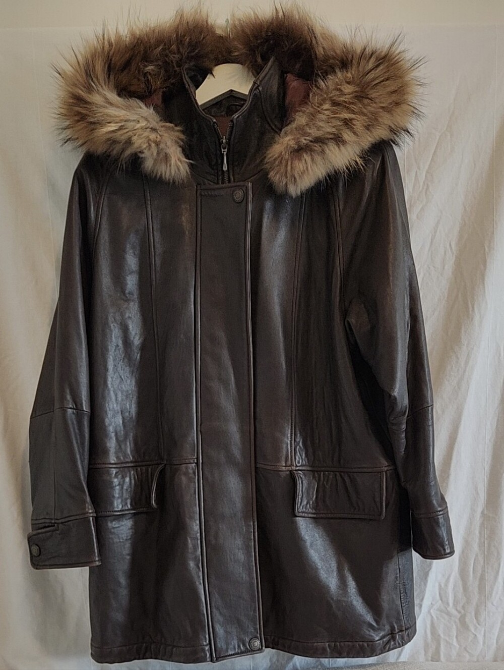 Women's Dark Brown Leather Hooded Jacket with Detachable Faux Fur Trim